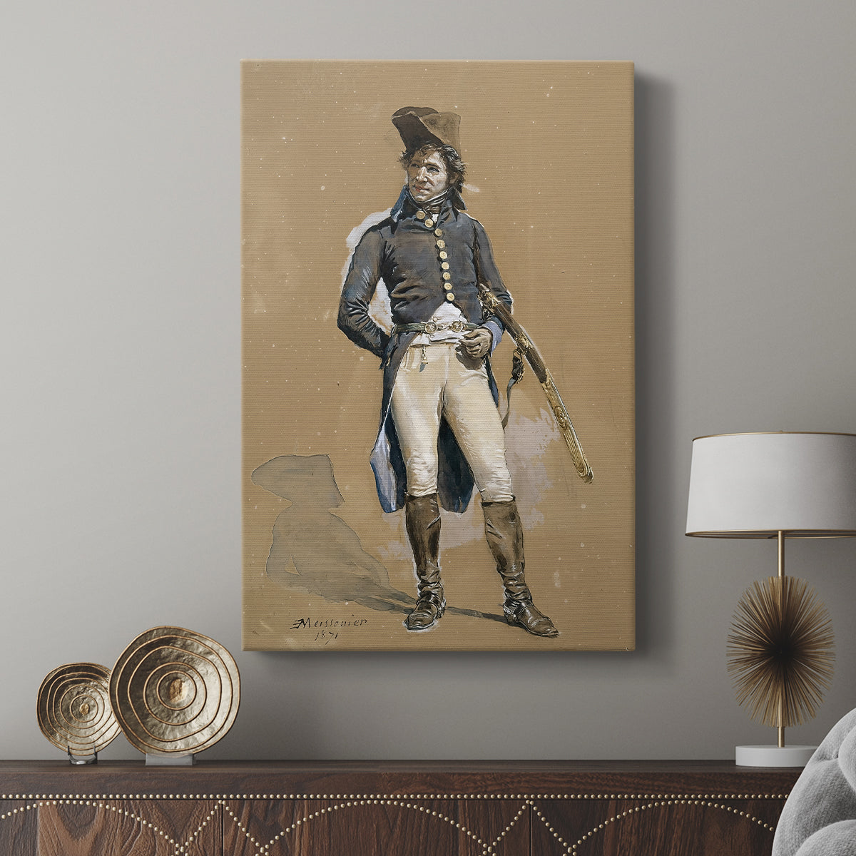 Canvas art print featuring a classic portrait with precise clothing and subtle tones displayed in a modern interior space.