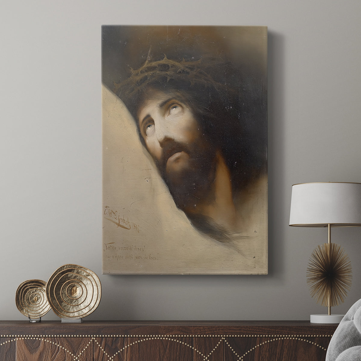 Canvas art print featuring a contemplative figure with subtle contrast and calm presence displayed in a modern interior space.