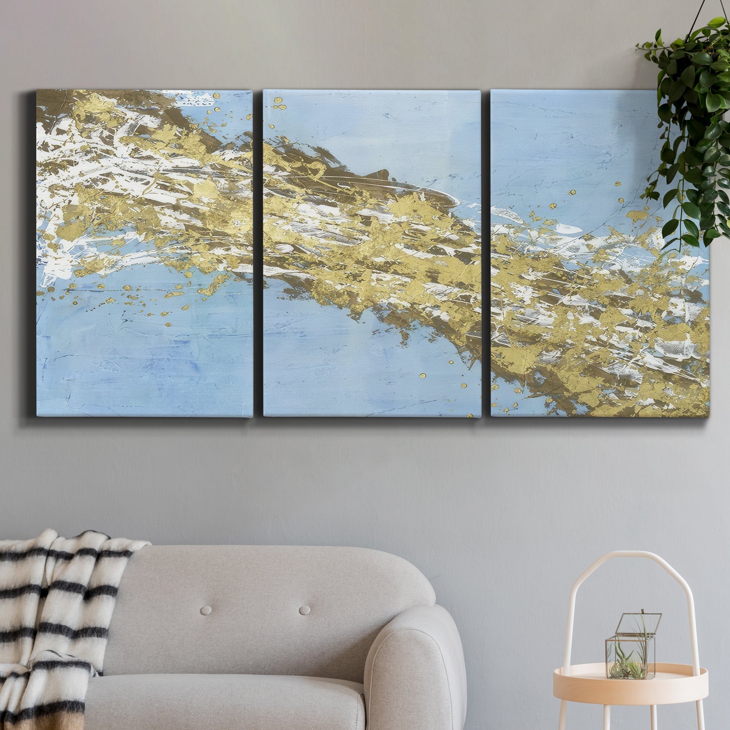 Three-panel canvas wall art featuring , displayed in a modern living room above a sofa.