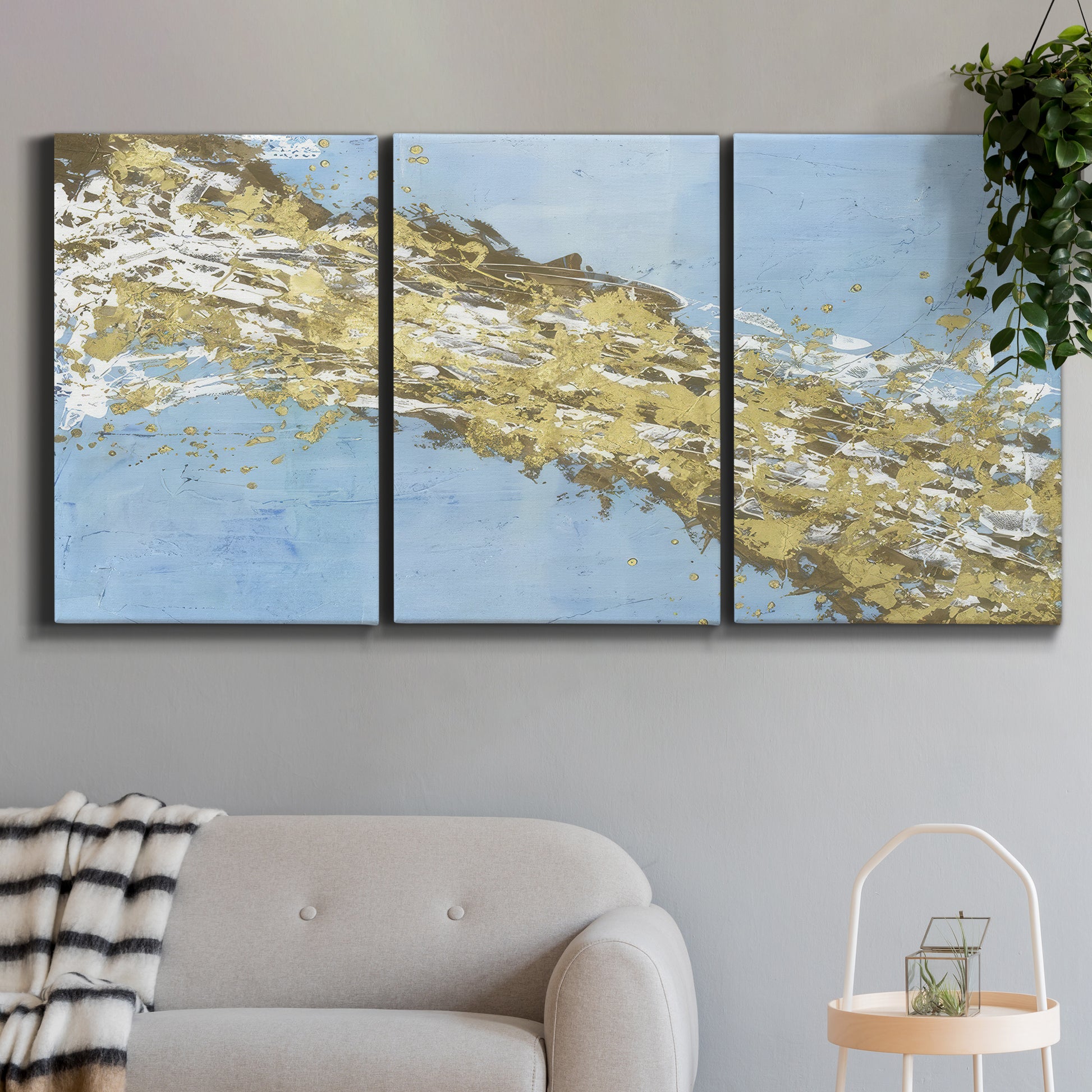 Three-panel canvas wall art featuring , displayed in a modern living room above a sofa.
