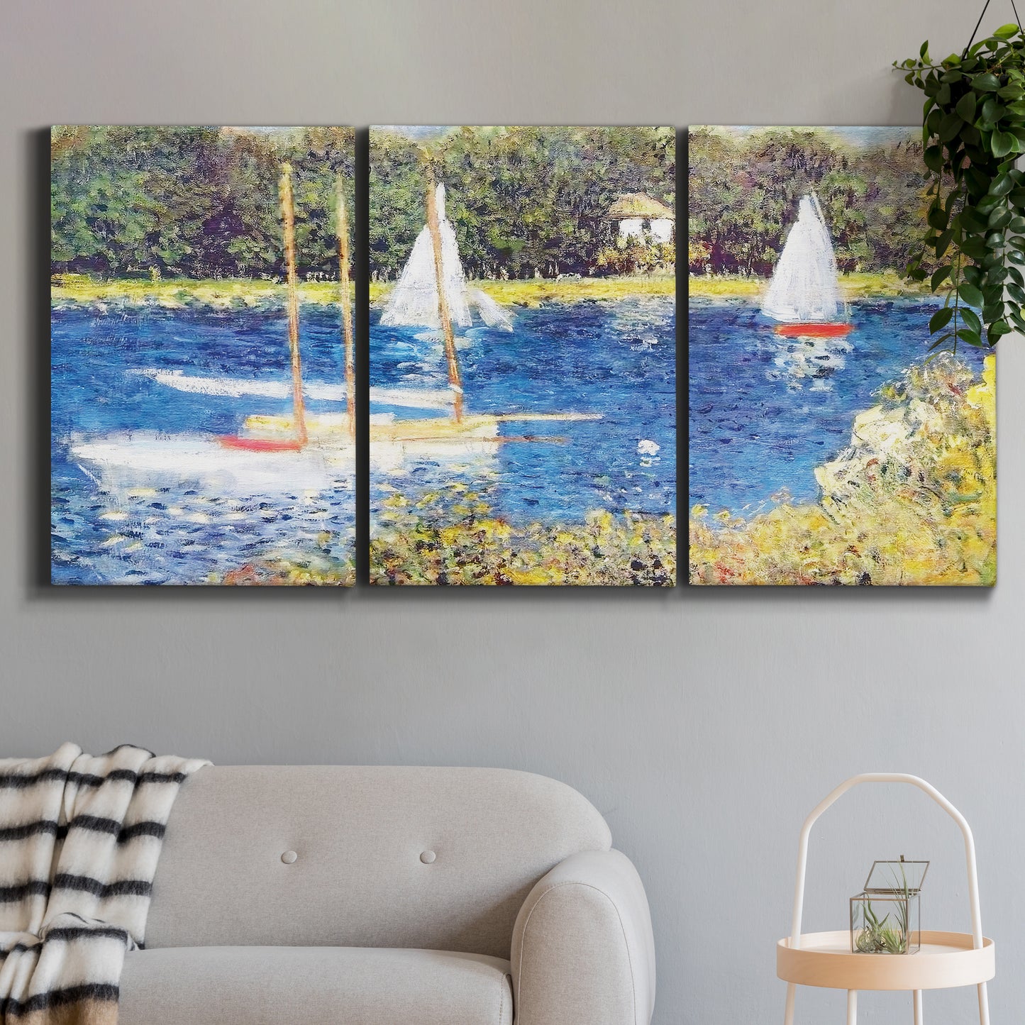 Three-panel canvas wall art featuring river scene with reflections, displayed in a modern living room above a sofa.