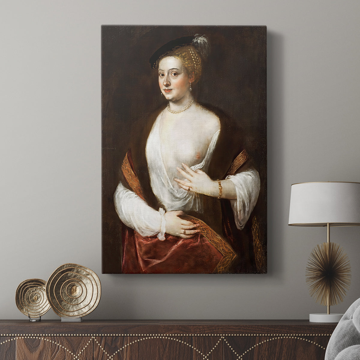 Canvas art print featuring a composed portrait with subtle contrast and depth displayed in a modern interior space.