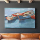 Colorful boats float calmly on the water, capturing a serene maritime atmosphere in a vibrant artistic style