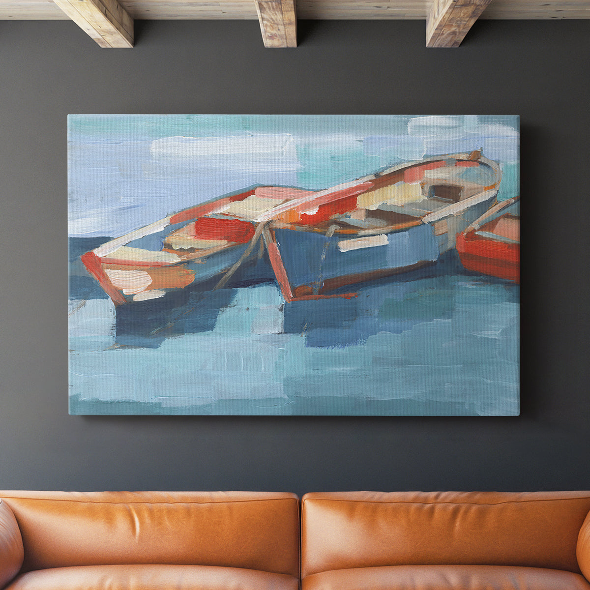 Colorful boats float calmly on the water, capturing a serene maritime atmosphere in a vibrant artistic style