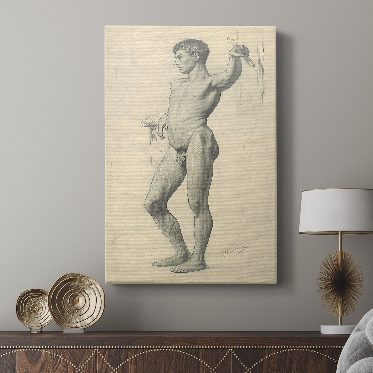 Canvas art print featuring a soft drawing capturing posture and proportion displayed in a modern interior space.