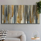 Three-panel canvas wall art featuring abstract vertical illusion pattern, displayed in a modern living room above a sofa.