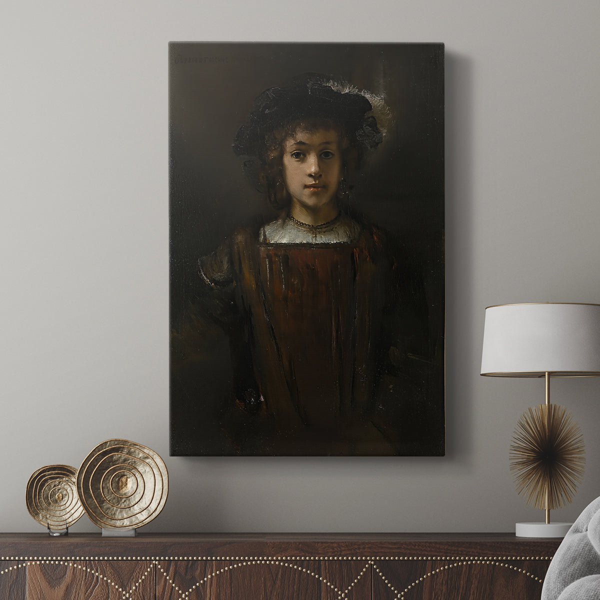 Canvas art print featuring a refined portrait with minimal background and depth displayed in a modern interior space.