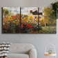 Three-panel canvas wall art featuring farm buildings in rural normandy, displayed in a modern living room above a sofa.