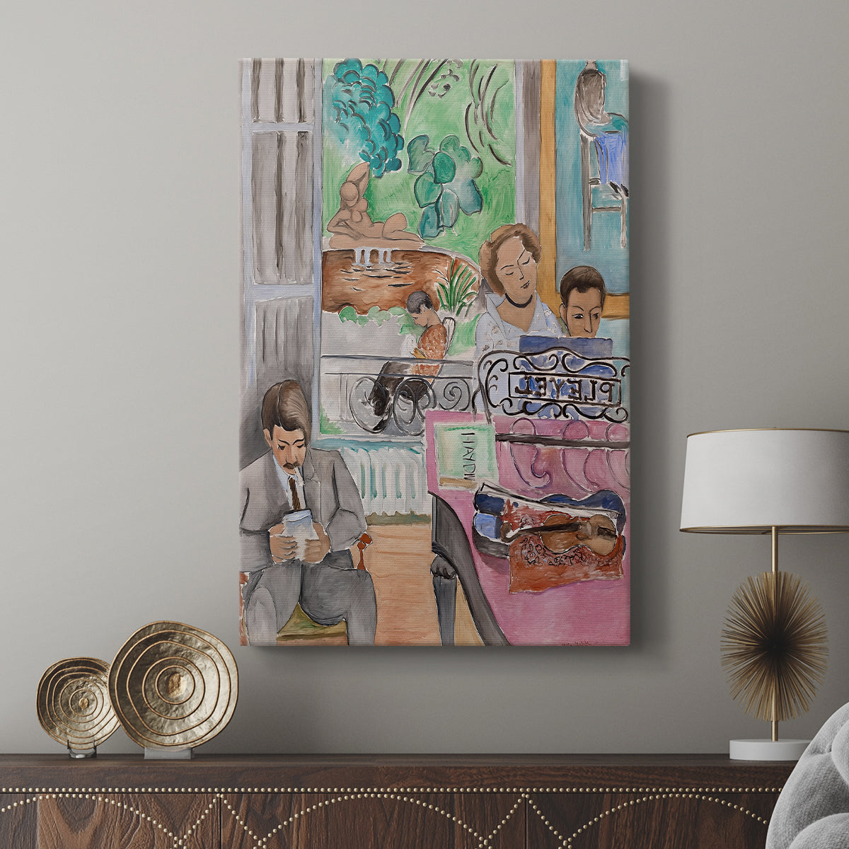 Canvas art print featuring a vivid composition with musical activity and bright tones displayed in a modern interior space.