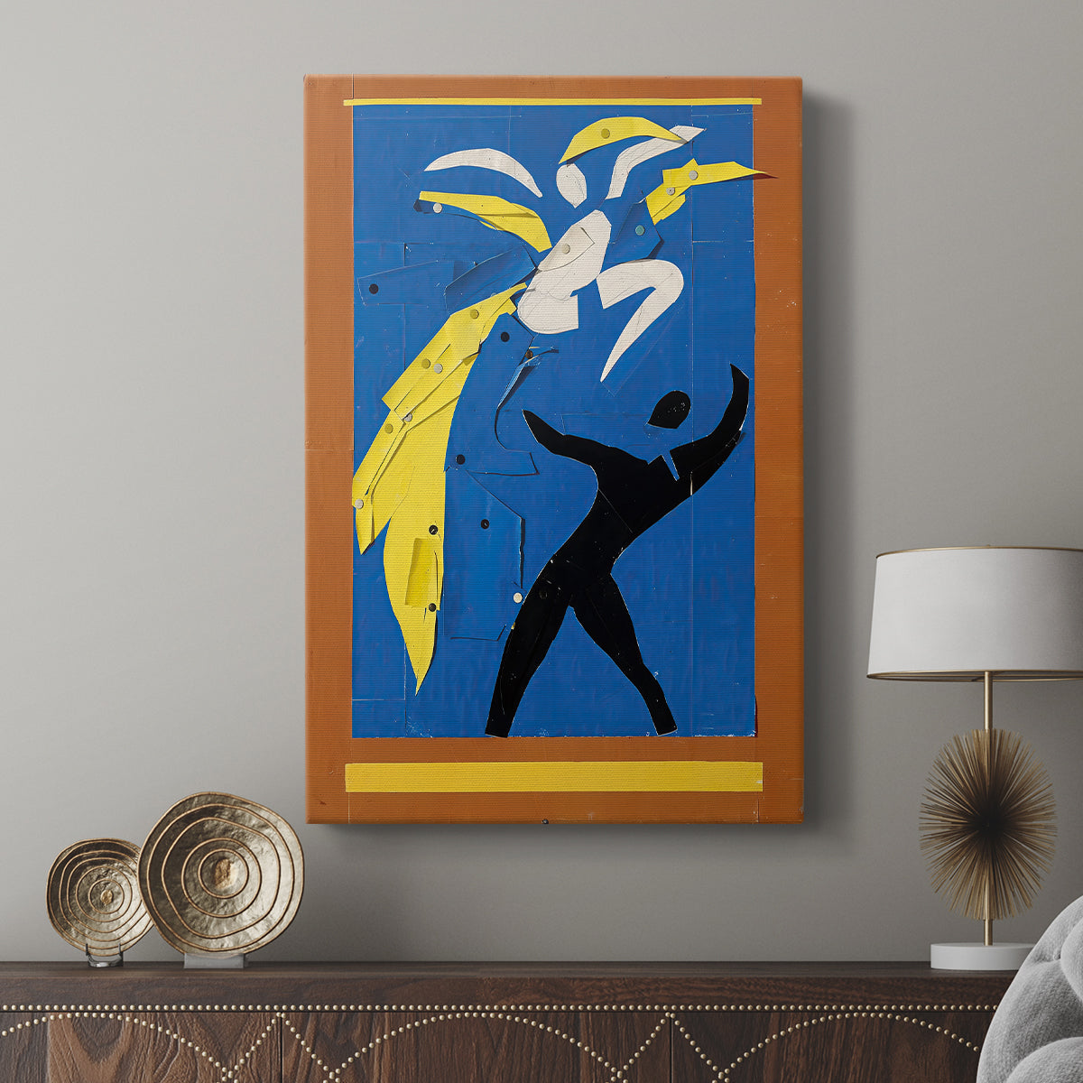 Canvas art print featuring a modern composition with figures in motion and vivid color displayed in a modern interior space.