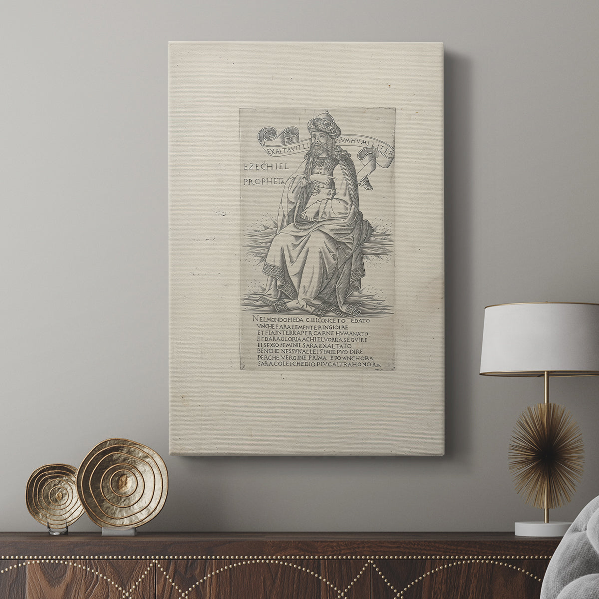 Canvas art print featuring a stylized figure with clean lines and minimal background displayed in a modern interior space.