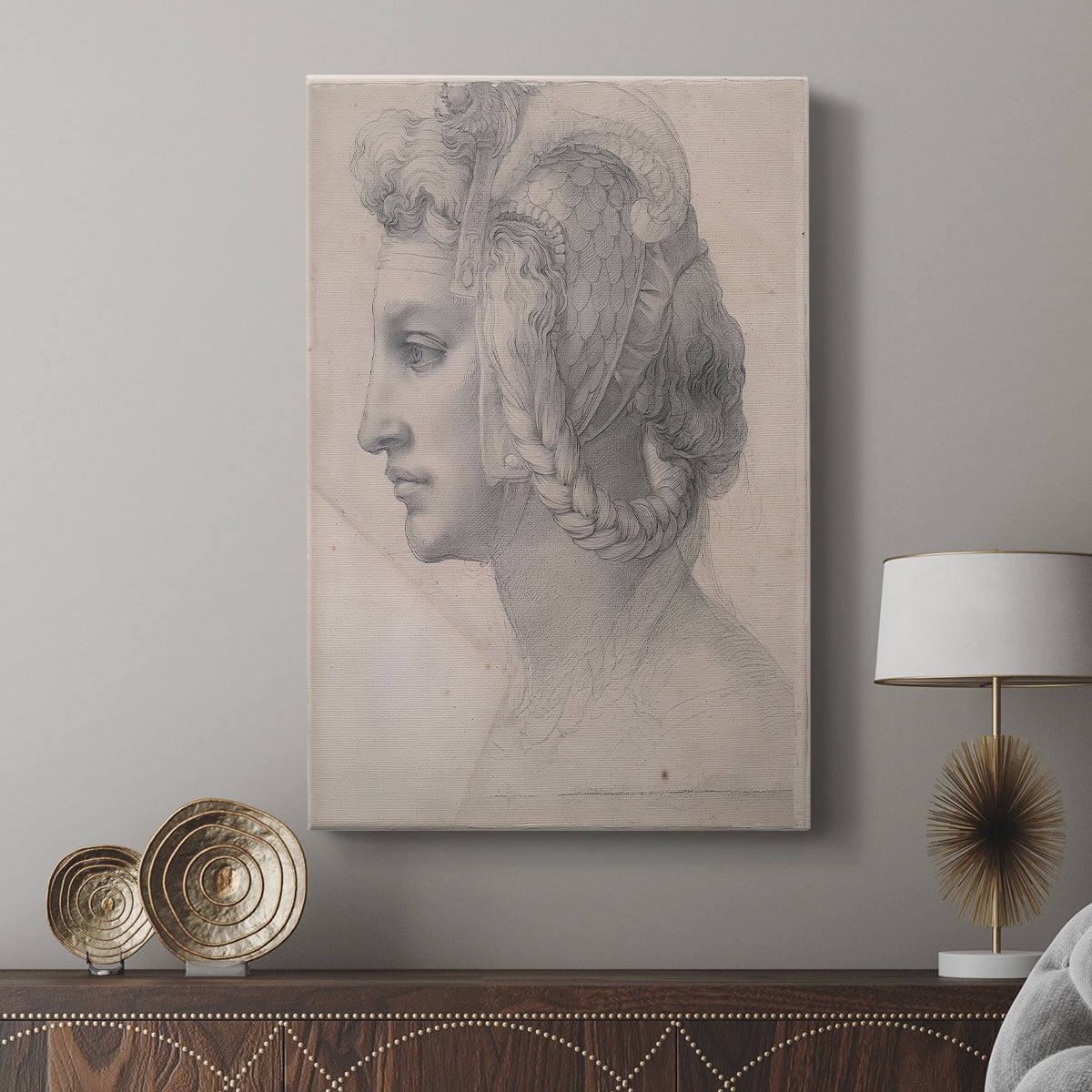 Canvas art print featuring a delicate sketch focusing on facial structure and detail displayed in a modern interior space.