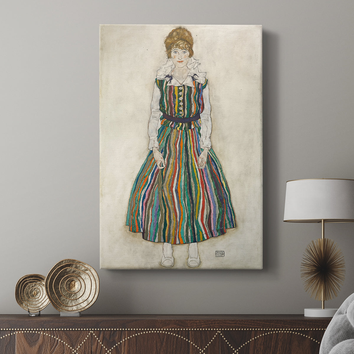 Canvas art print featuring a modern portrait with angular shapes and minimal detail displayed in a modern interior space.
