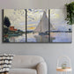 Three-panel canvas wall art featuring riverside village shoreline, displayed in a modern living room above a sofa.