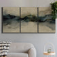 Three-panel canvas wall art featuring calm abstract water surface stillness, displayed in a modern living room above a sofa.
