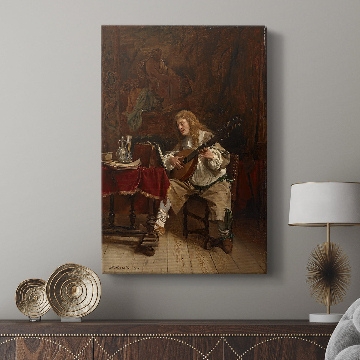 Canvas art print featuring a traditional interior with a musician in soft light displayed in a modern interior space.