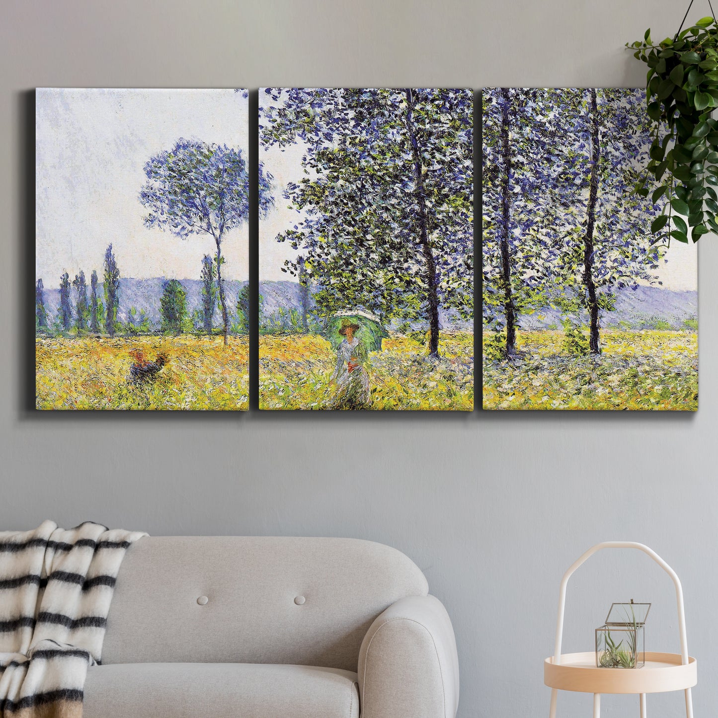 Three-panel canvas wall art featuring sunlight filtering through tall poplars, displayed in a modern living room above a sofa.