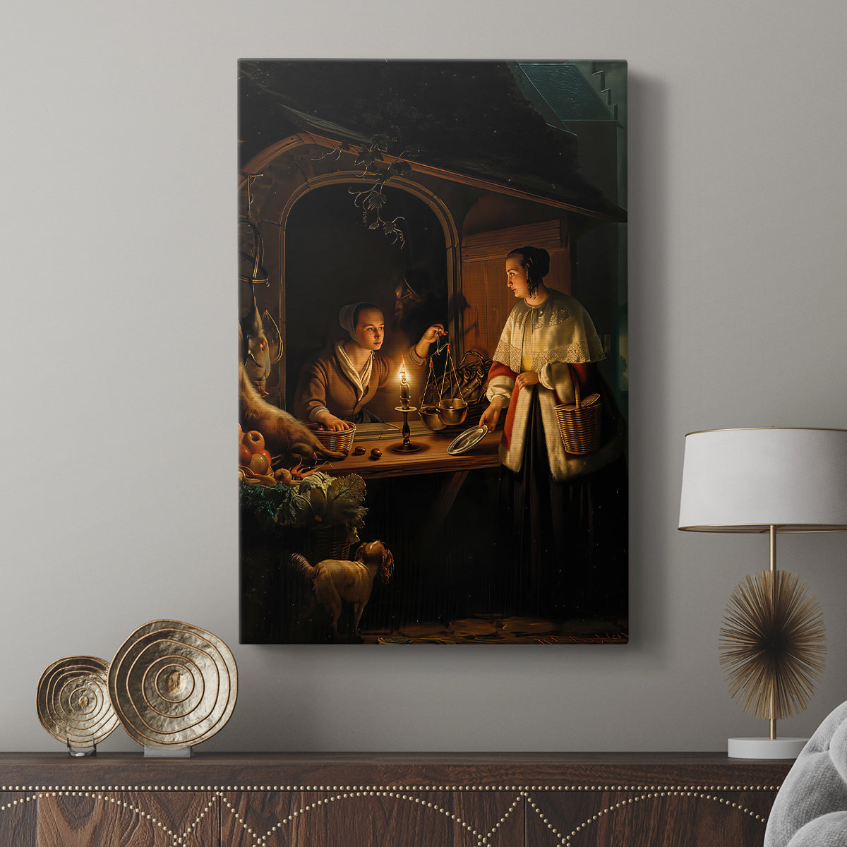 Canvas art print featuring a moody composition with activity and shadow displayed in a modern interior space.