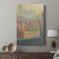 Canvas art print featuring a bright composition with buildings and layered color points displayed in a modern interior space.