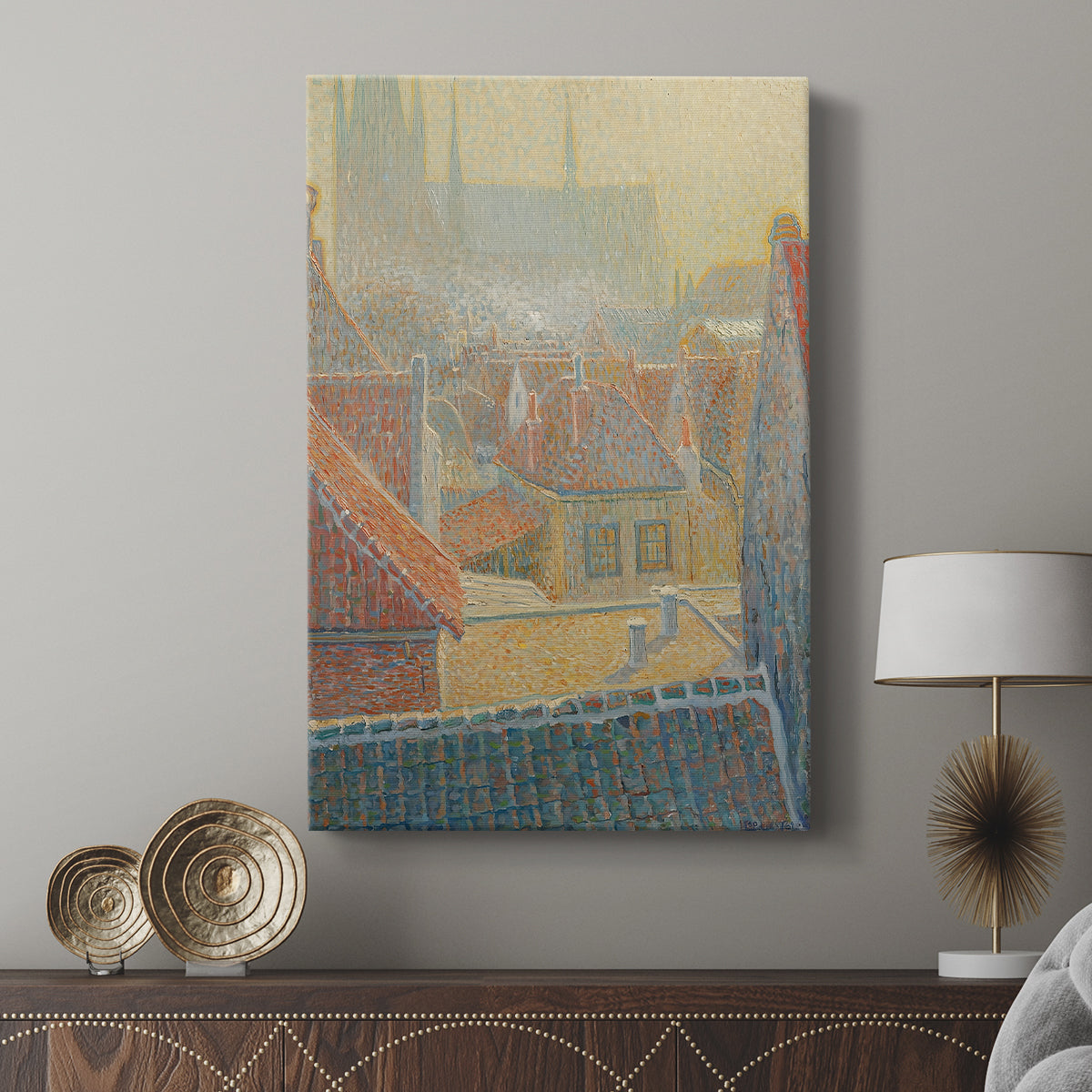 Canvas art print featuring a bright composition with buildings and layered color points displayed in a modern interior space.