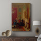 Canvas art print featuring a domestic scene with figures arranged in a traditional portrait displayed in a modern interior space.
