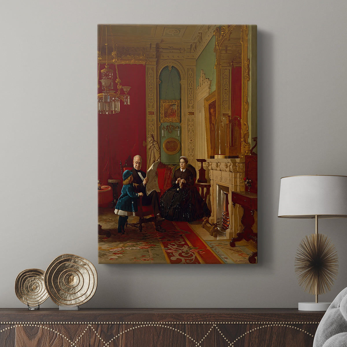 Canvas art print featuring a domestic scene with figures arranged in a traditional portrait displayed in a modern interior space.