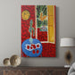 Canvas art print featuring a stylized interior with objects and layered patterns displayed in a modern interior space.
