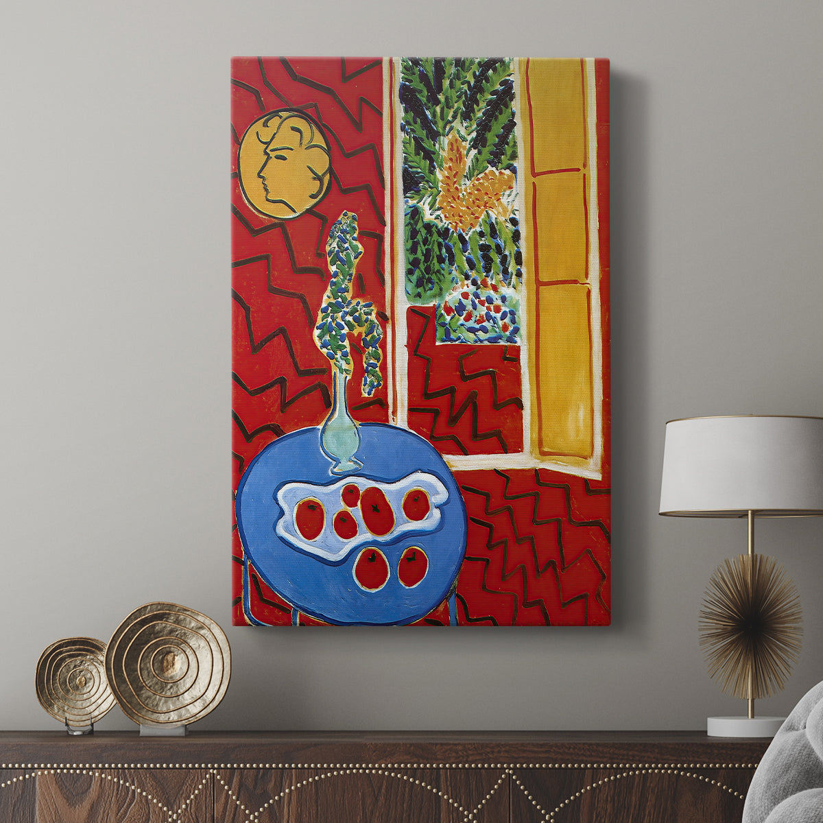 Canvas art print featuring a stylized interior with objects and layered patterns displayed in a modern interior space.