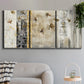 Three-panel canvas wall art featuring abstract willow inspired vertical forms, displayed in a modern living room above a sofa.