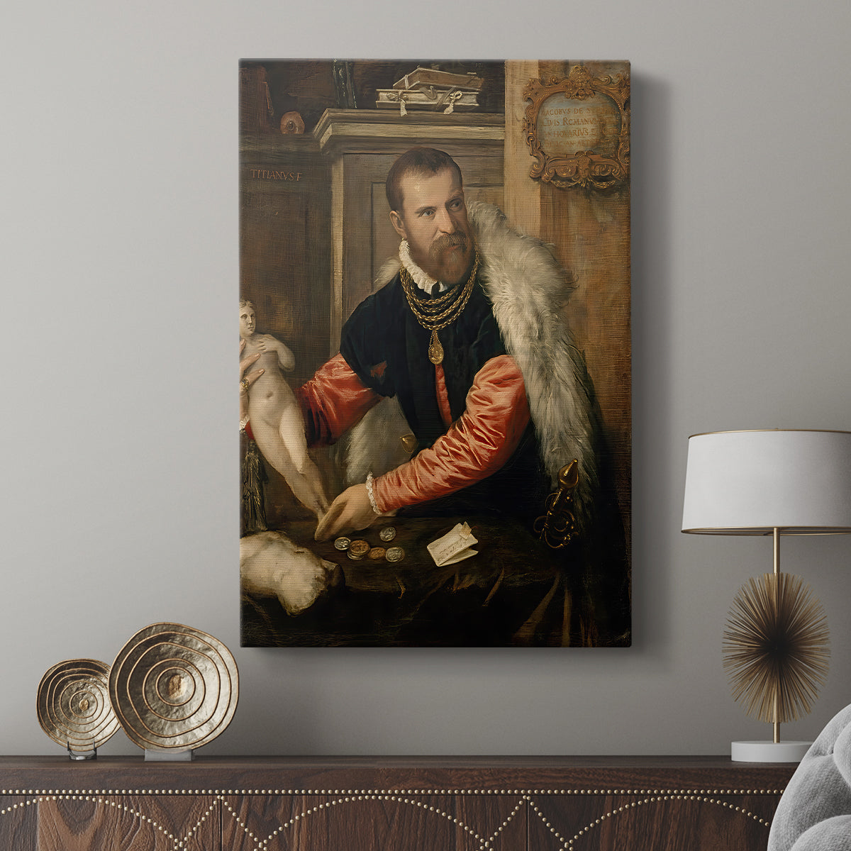 Canvas art print featuring a composed portrait with layered detail and soft light displayed in a modern interior space.