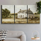 Three-panel canvas wall art featuring rural farmhouse harvest landscape, displayed in a modern living room above a sofa.