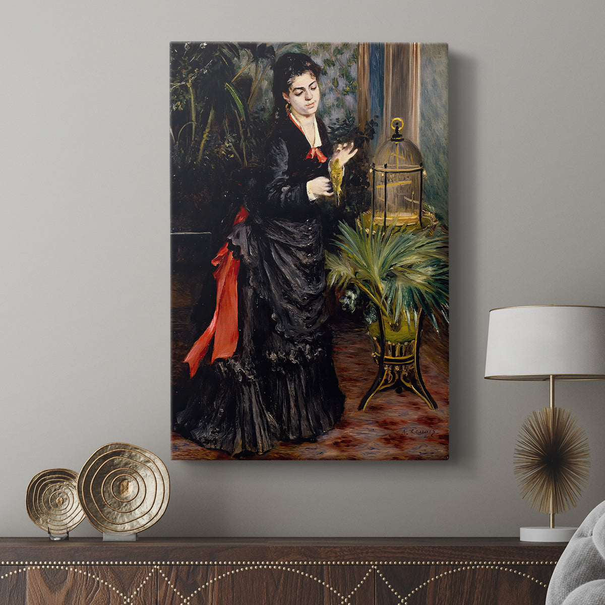 Canvas art print featuring a decorative portrait with a woman and exotic bird displayed in a modern interior space.