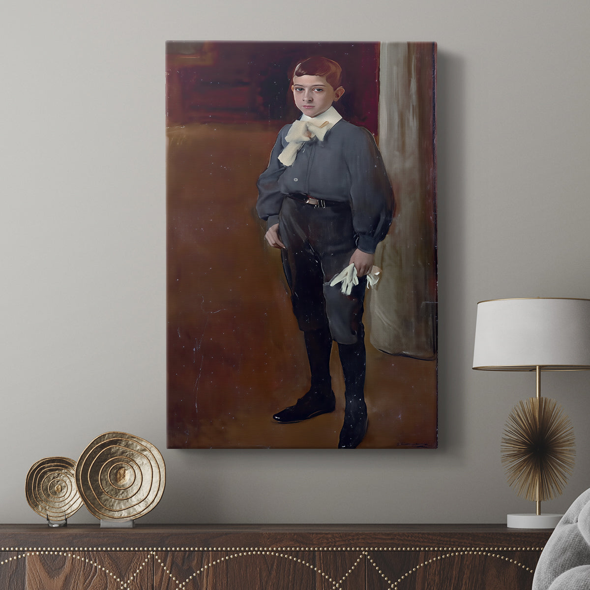 Canvas art print featuring a refined portrait with subtle shading and warmth displayed in a modern interior space.