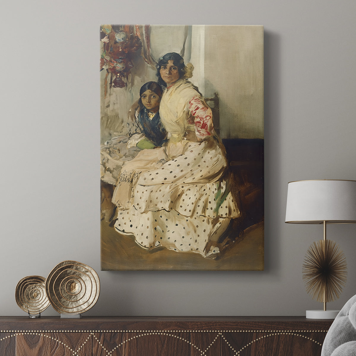 Canvas art print featuring a calm scene with figures in a domestic setting displayed in a modern interior space.