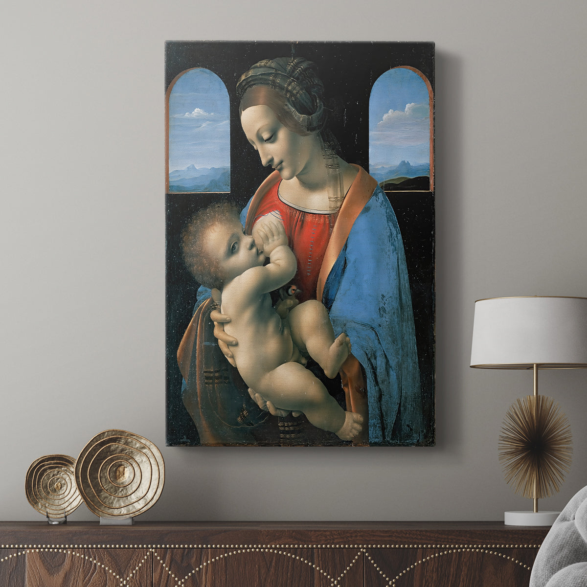 Canvas art print featuring a refined image with figures and subtle shading displayed in a modern interior space.