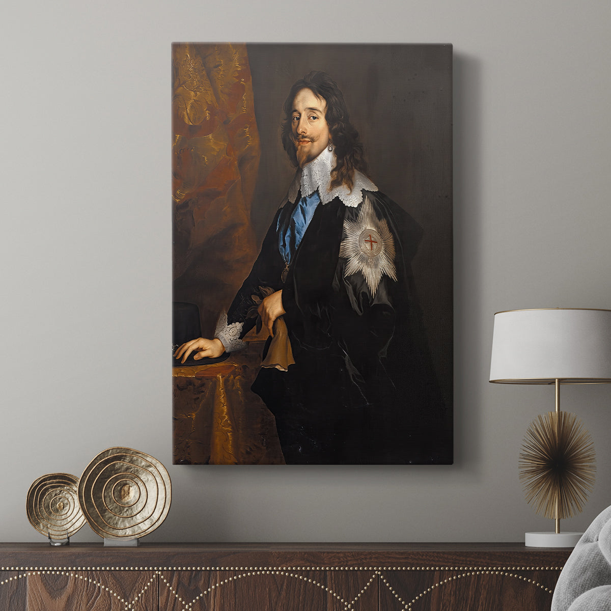 Canvas art print featuring a classic portrait of a monarch with decorative insignia displayed in a modern interior space.