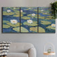Three-panel canvas wall art featuring water lilies floating on pond, displayed in a modern living room above a sofa.