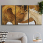 Three-panel canvas wall art featuring gentle horse portrait illustration, displayed in a modern living room above a sofa.
