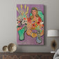 Canvas art print featuring a vivid portrait with floral elements and flat tones displayed in a modern interior space.