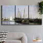 Three-panel canvas wall art featuring small pleasure boats on calm water, displayed in a modern living room above a sofa.