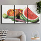 Three-panel canvas wall art featuring impressionist market still life, displayed in a modern living room above a sofa.
