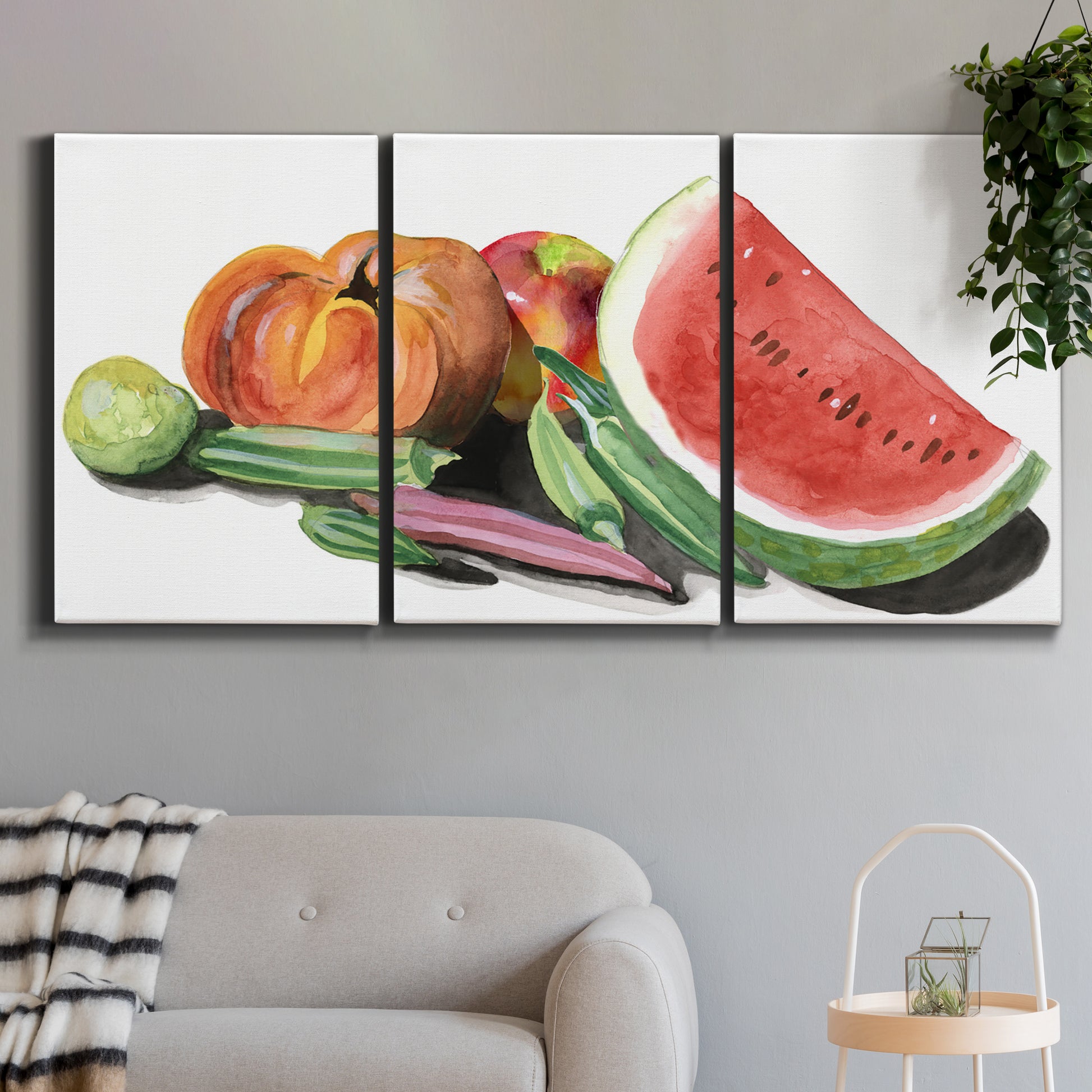 Three-panel canvas wall art featuring impressionist market still life, displayed in a modern living room above a sofa.