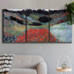 Three-panel canvas wall art featuring poppy field in shallow valley, displayed in a modern living room above a sofa.