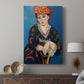 Canvas art print featuring a vibrant portrait with decorative headwear and strong color displayed in a modern interior space.