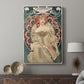 Canvas art print featuring a decorative figure with elegant curves and symbolic mood displayed in a modern interior space.