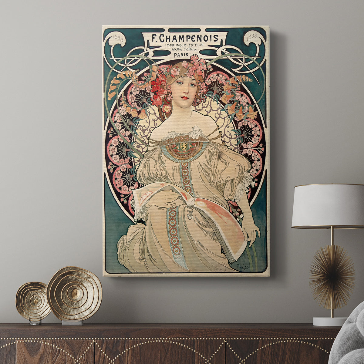 Canvas art print featuring a decorative figure with elegant curves and symbolic mood displayed in a modern interior space.