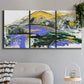 Three-panel canvas wall art featuring quiet abstract mountain silhouette, displayed in a modern living room above a sofa.