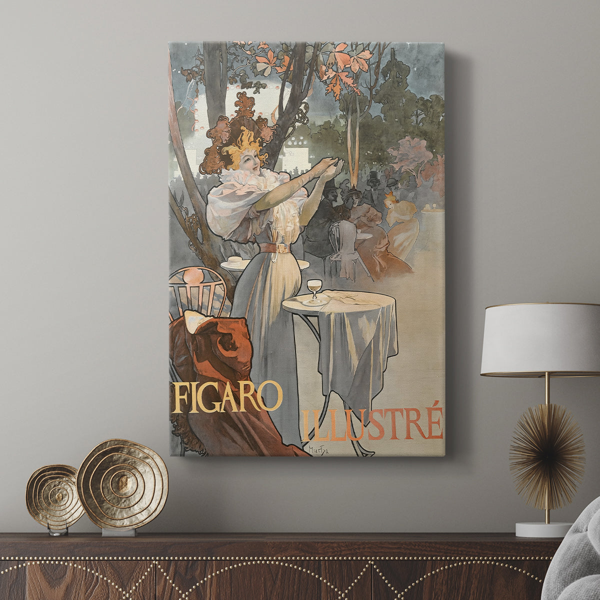 Canvas art print featuring a decorative poster with elegant lines and soft tones displayed in a modern interior space.