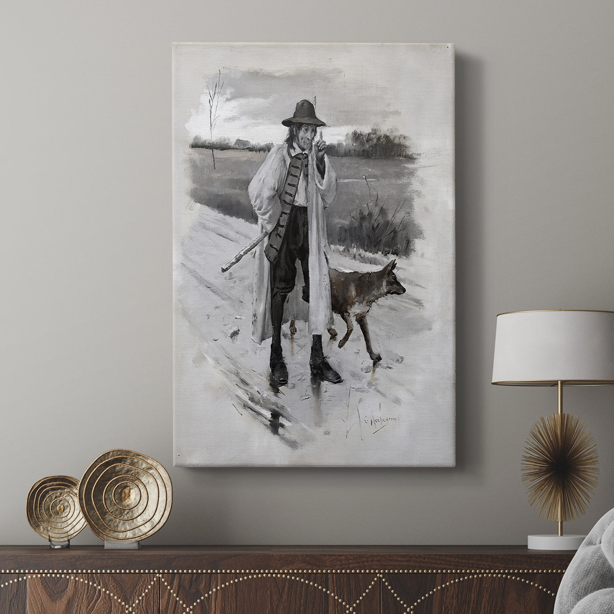 Canvas art print featuring a stylized figure with strong contrast and narrative tone displayed in a modern interior space.
