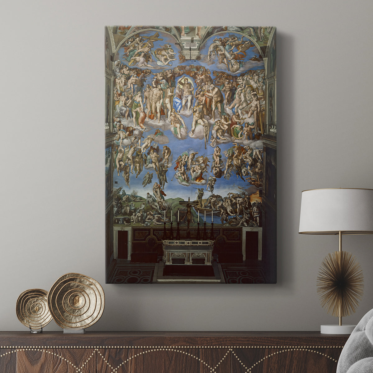 Canvas art print featuring a symbolic composition with dense detail and contrast displayed in a modern interior space.